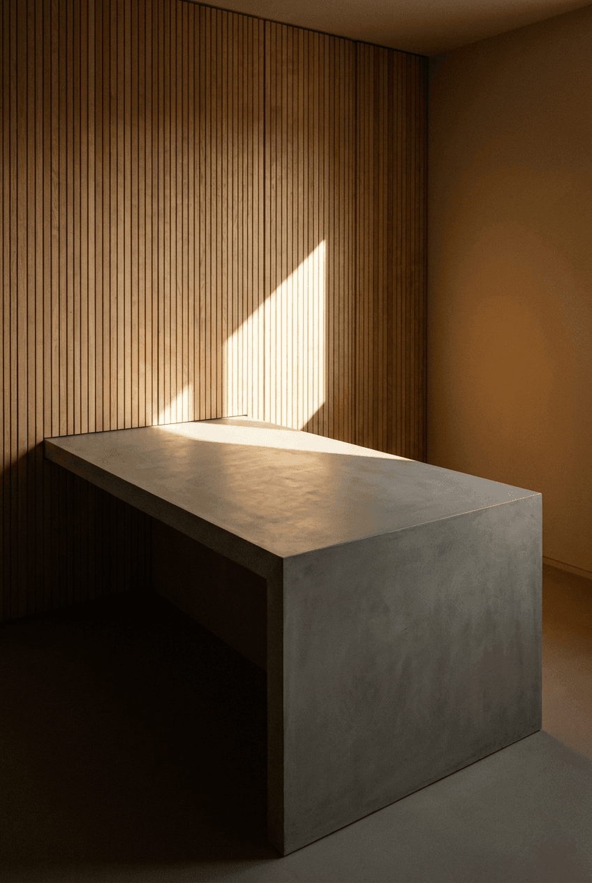 Custom luxury home office layout with a minimalist mechanical keyboard and integrated architectural desk joinery