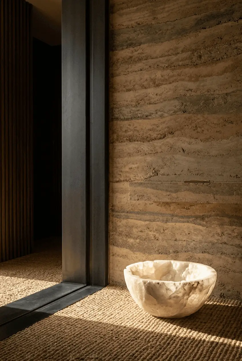Minimalist entry corridor with dramatic architectural lighting and geometric shadows in threshold architecture layout