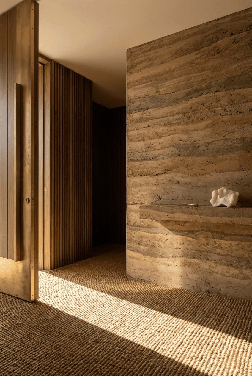 Custom threshold architecture entryway featuring seamless microcement surfaces and minimalist transitional lighting