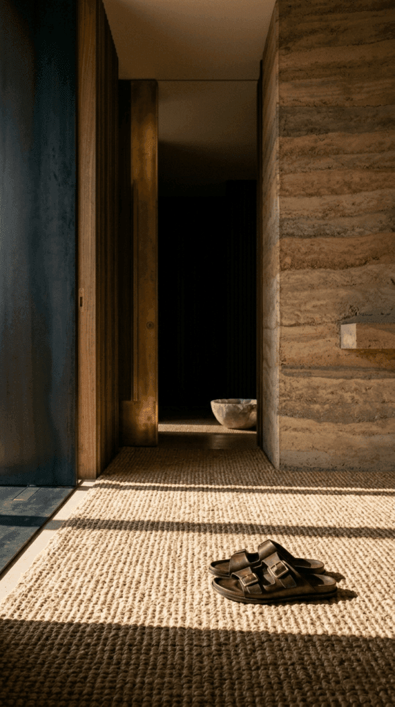 Close-up material texture of low-reflection stone floor entryway in threshold architecture layout