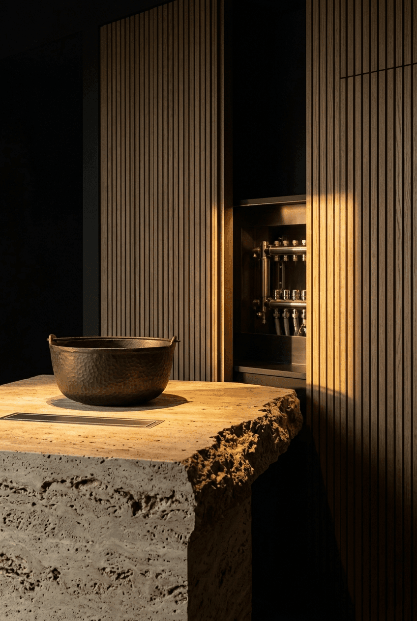 Minimalist kitchen design with integrated soft lighting and monolithic white ash surfaces
