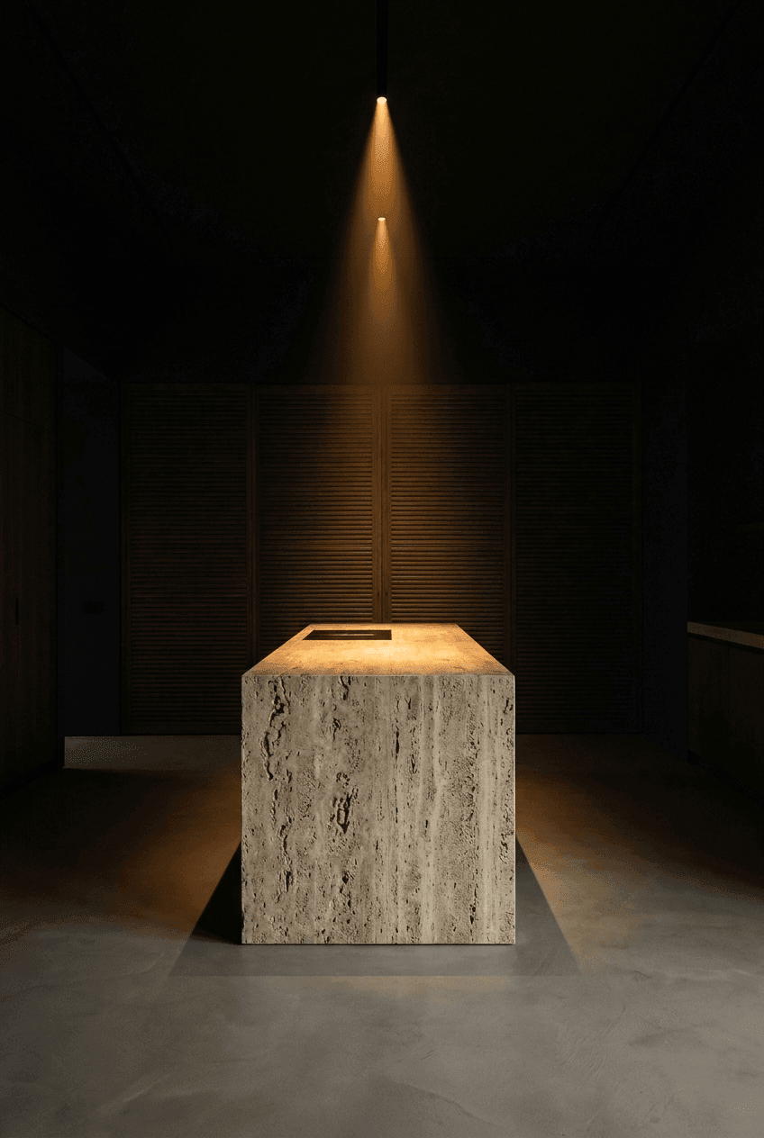 Custom minimalist kitchen design featuring monolithic white ash cabinetry and hidden storage layout
