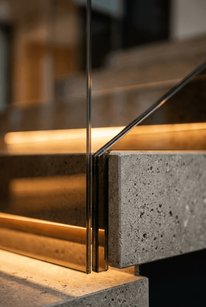 Macro detail of neutral terrazzo stair step intersection with seamless microcement wall modern minimalist staircase design