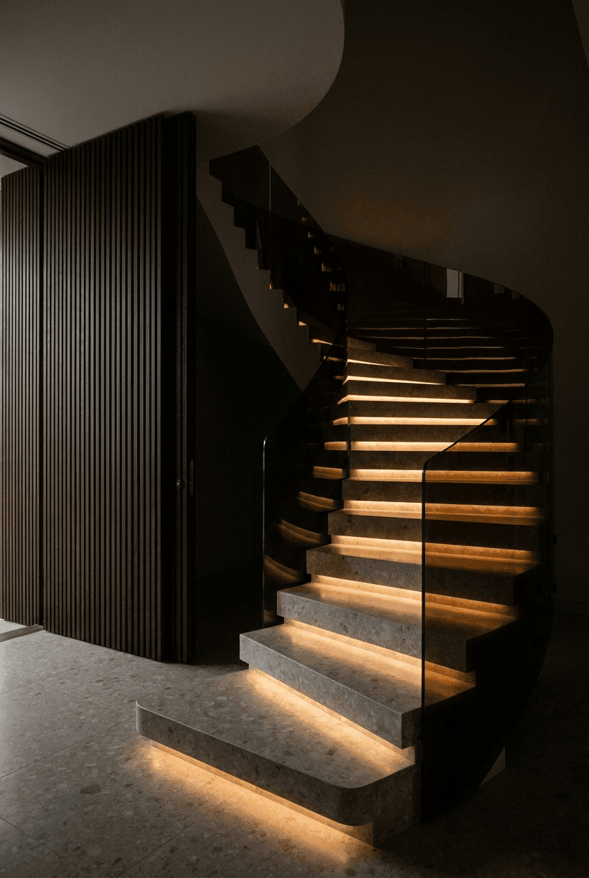Modern minimalist staircase design with oversized neutral terrazzo steps and seamless wall integration