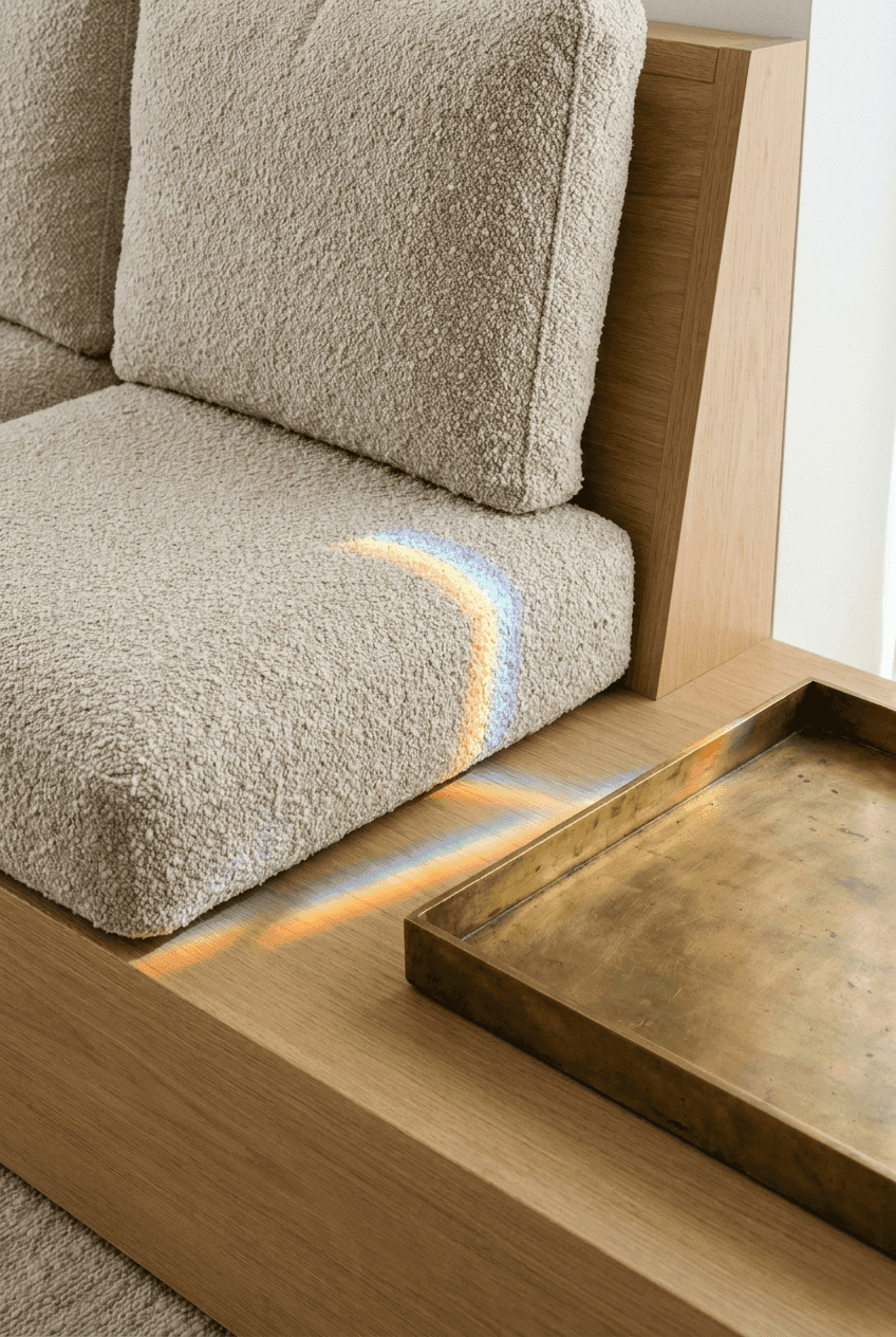 Macro detail of heavyweight jute matting and seamless microcement floor transition in minimalist living room