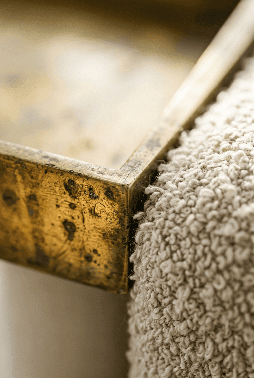 Macro detail of raw alabaster light-catcher artifact on a seamless microcement surface minimalist living room