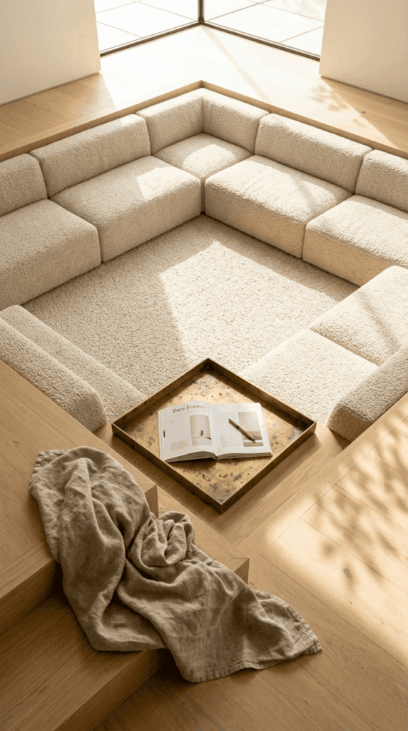 Vertical ribbed wall paneling creating shadow play in a screen-free minimalist living room sanctuary