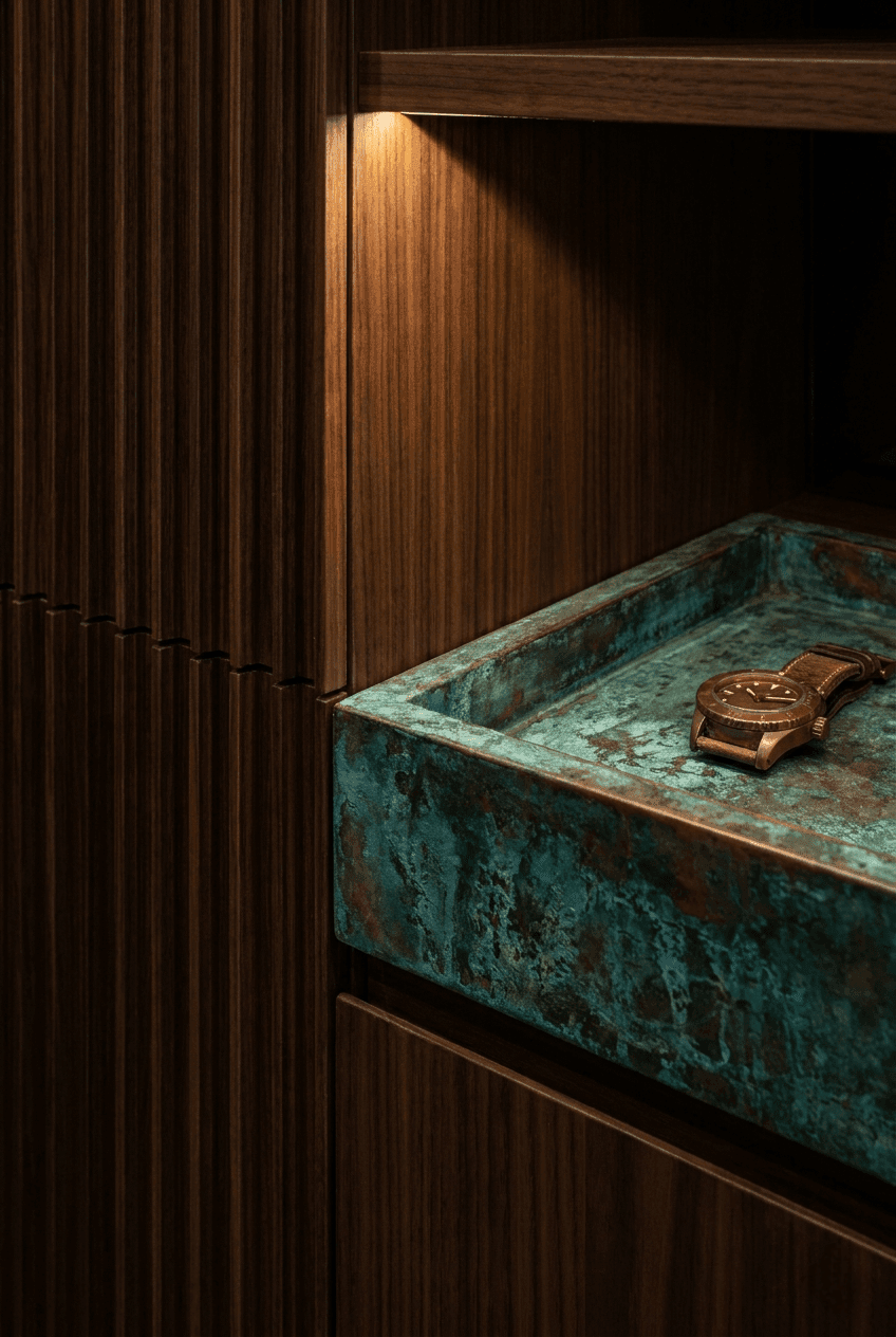 Interior view of a luxury walk-in wardrobe with soft interior lighting and white ash wood shelving