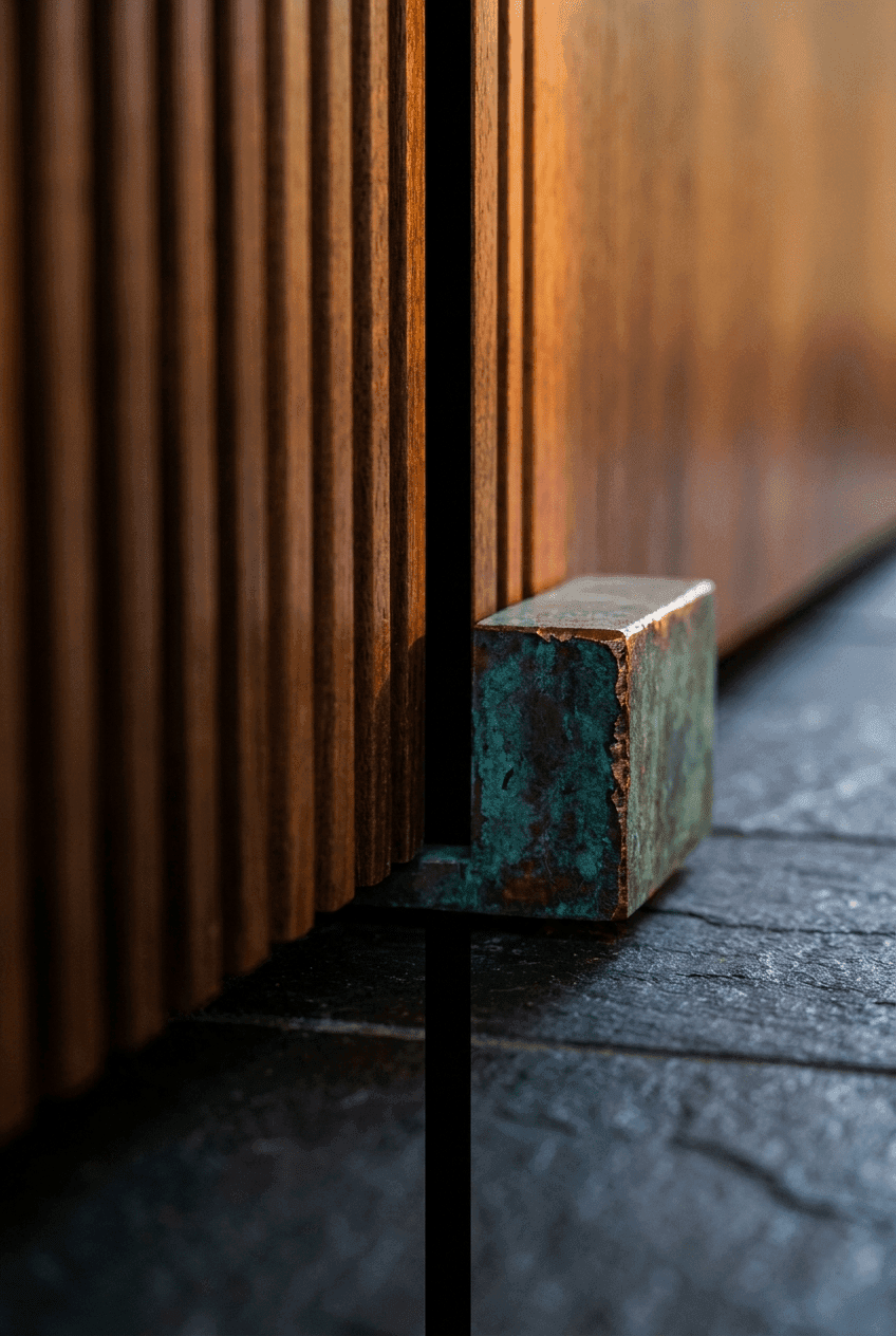 Close-up of integrated handle-less cabinet joinery and white ash wood texture in luxury walk-in wardrobe