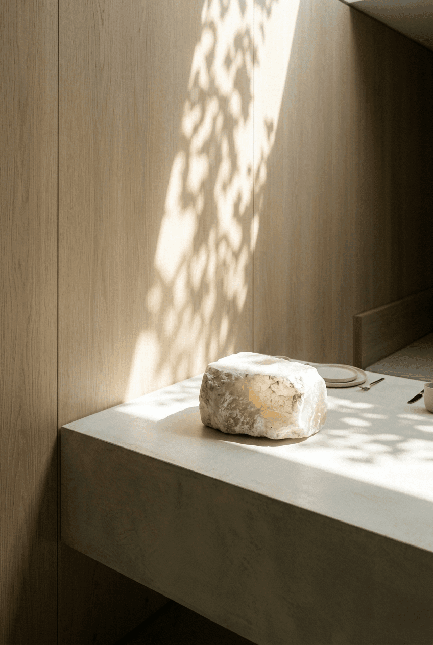 Stone dining table surface styled with minimal ceramic artifacts against a neutral wall modern dining room design