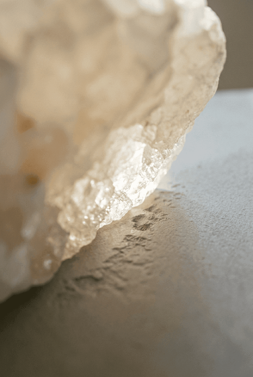 Macro shot of textured stone dining table base meeting seamless microcement floor modern dining room design