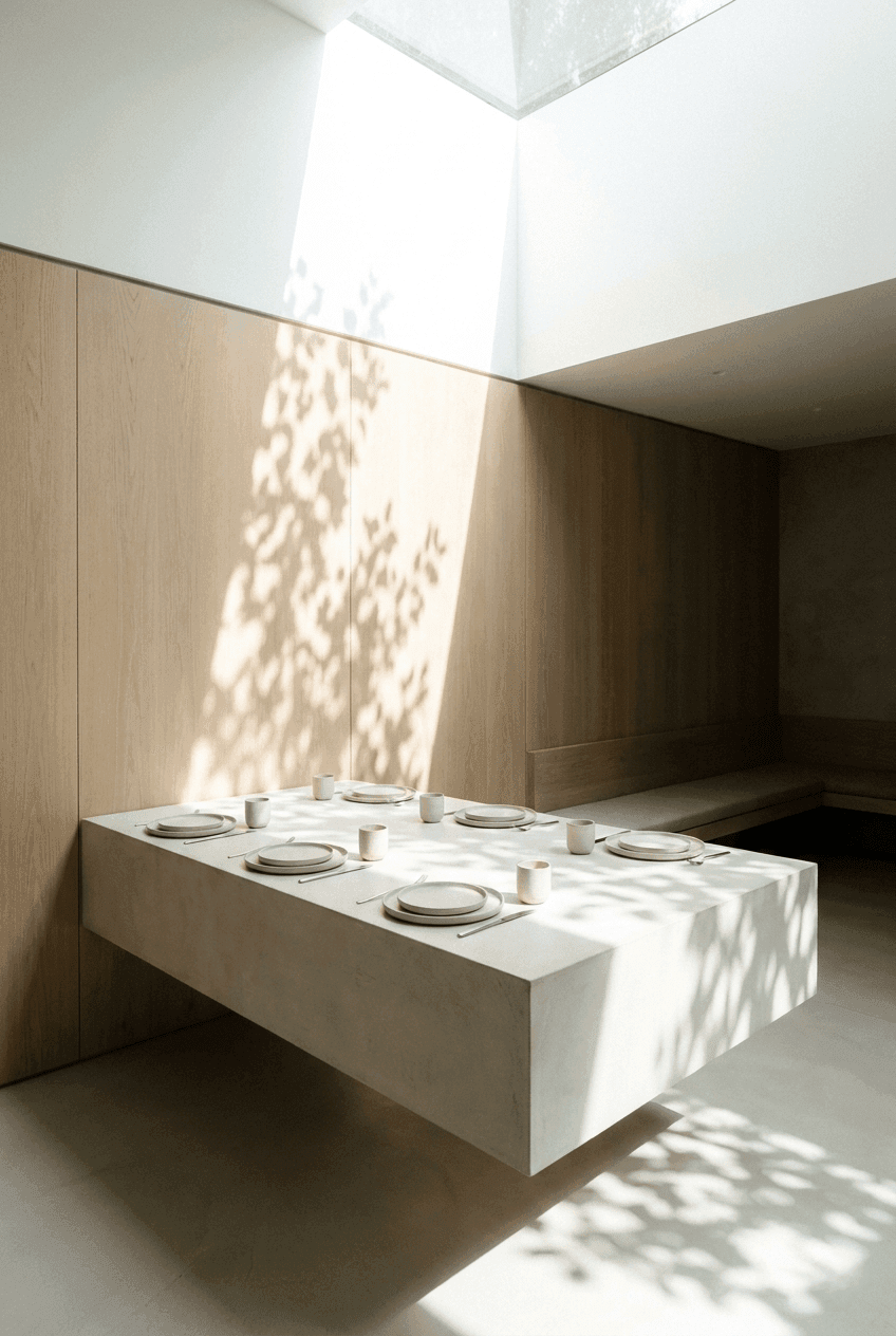 Massive structural stone dining table integrated into an open plan layout modern dining room design