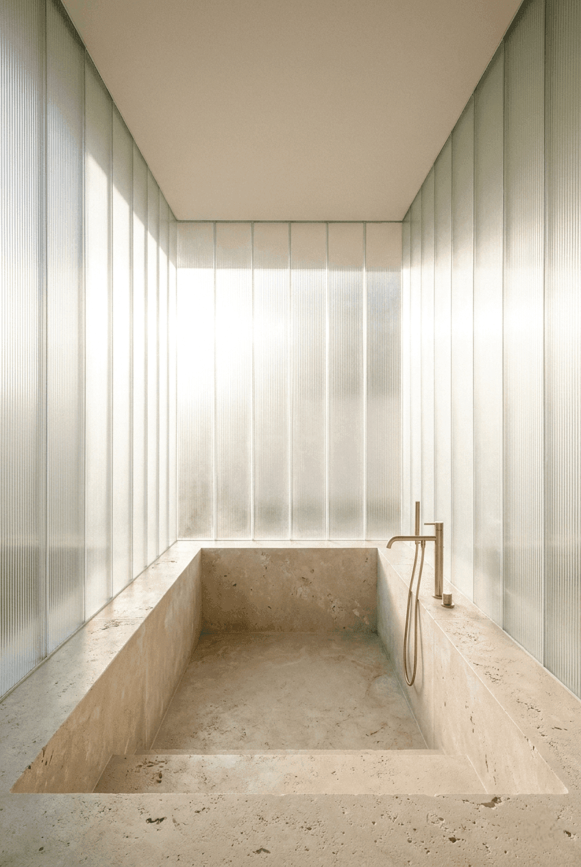 Monolithic sunken bath basin carved from tumbled French limestone under frosted reeded glass walls luxury bathroom architecture