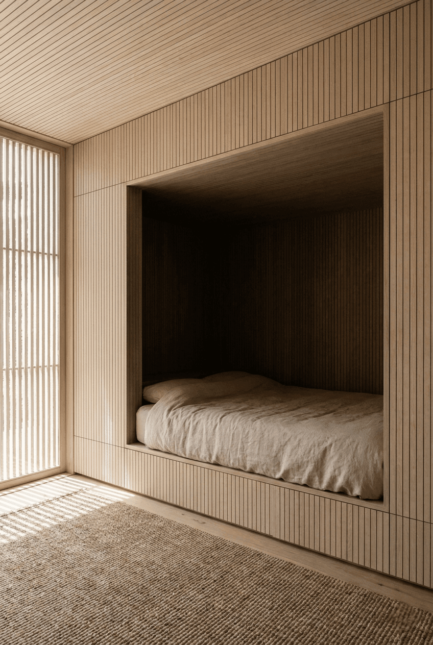 Close-up of a bedside storage niche with soft, warm 2700K ambient LED glow and custom white ash wood cabinetry.