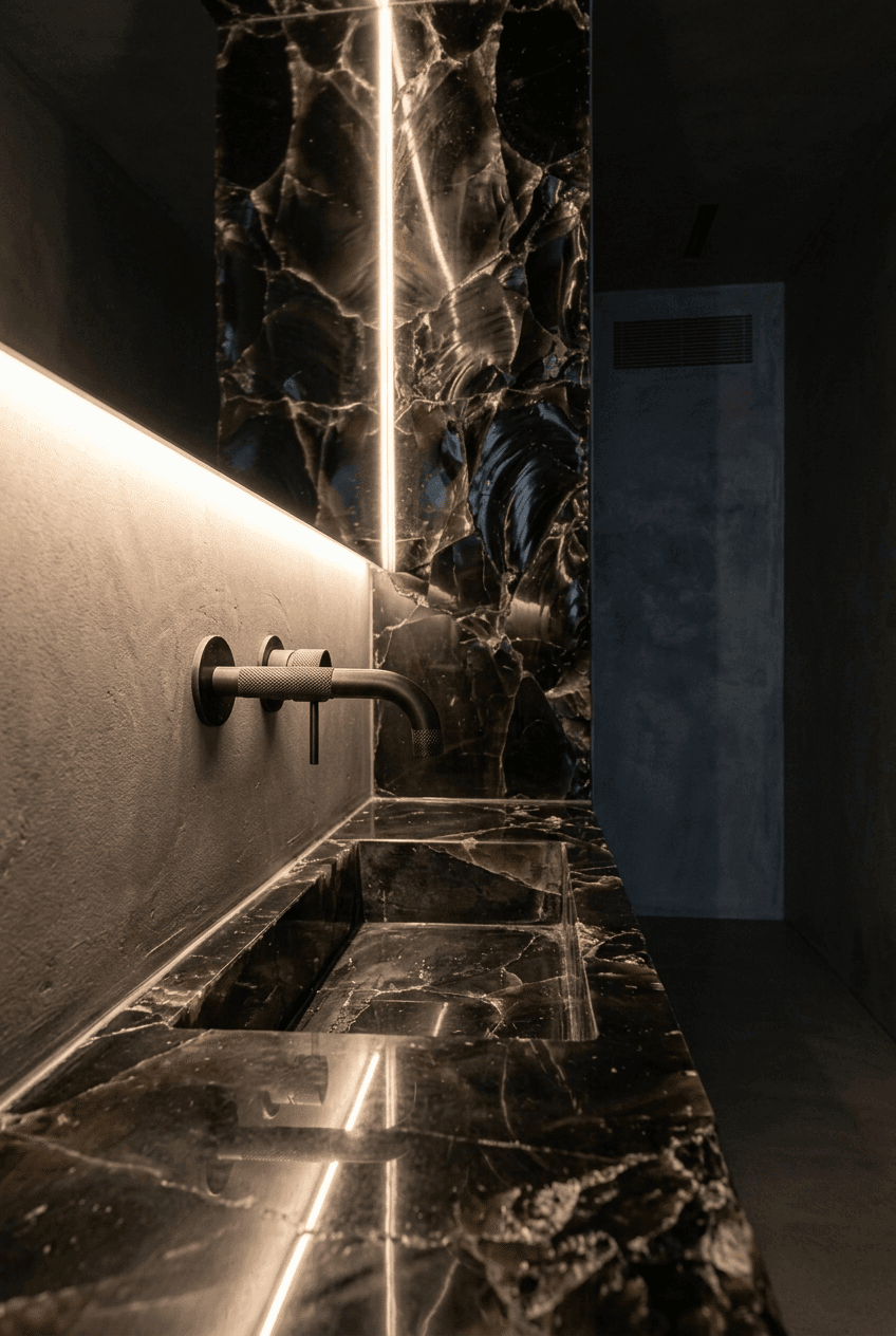 A minimalist built-in vanity nook featuring a custom stone basin, matte-finish wall panelling, and integrated warm lighting, optimized for narrow corridor spaces.