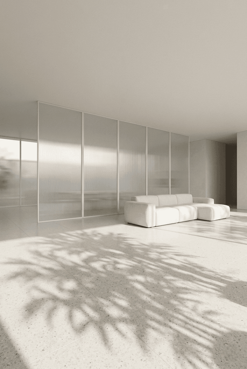 Frosted reeded glass partition set within white ash wood framing, creating soft, volumetric light diffusion in a luxury interior space.