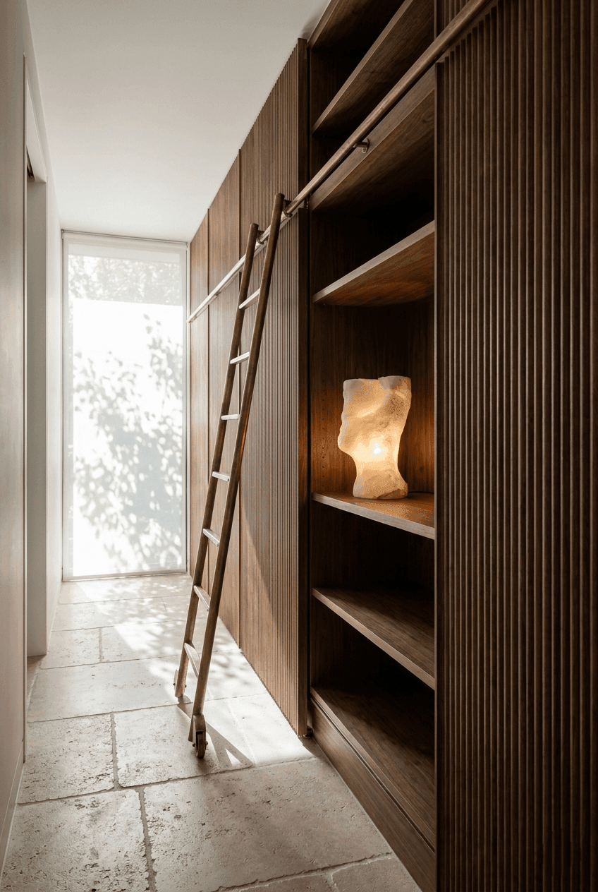 Close-up macro detail of white ash tambour wood joinery meeting a raw, honed travertine stone surface, highlighting high-end interior textures.