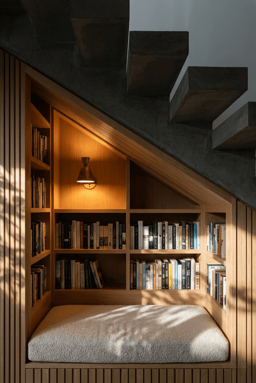Luxury built-in joinery tucked under a raw concrete staircase, featuring integrated smoked oak bookshelves and a minimalist reading nook.